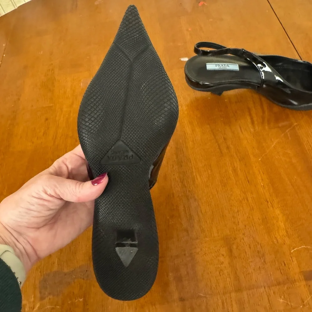 Prada spazzolato triangle logo sling back kitten heel pumps size7 $1200 retail - Picture 8 of 9